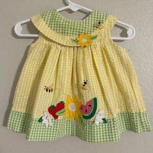 Good Lad Gingham Seersucker Dress Kids Yellow Green Fruit Embroidered Summer Bee
